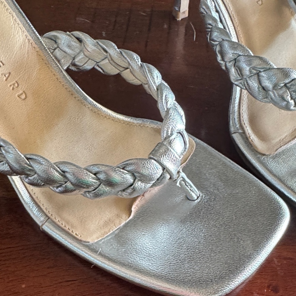 Veronica Beard Silver Braided Kitten Heeled Sandals - Picture 5 of 7